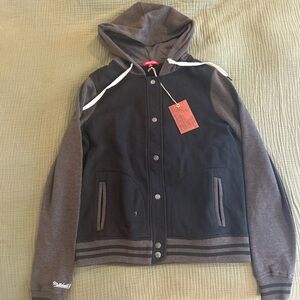 Mitchell & Ness Black and Gray Hooded Bomber Jacket